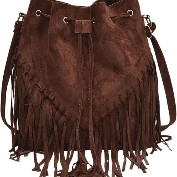Women's Suede Drawstring Crossbody Bag with Fringe, Adjustable Strap, Casual Sty - Picture 1 of 5